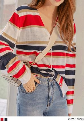 MUDE STRIPE V NECK KNIT CARDIGAN