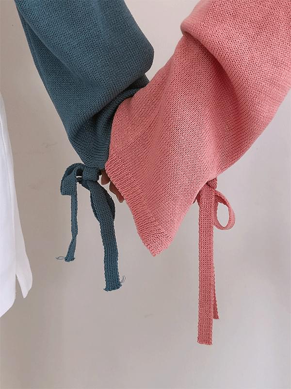 Sleeves Ribbon V Neck Knit