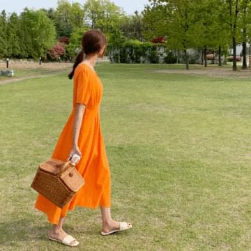 Orange Linen V Long Dress