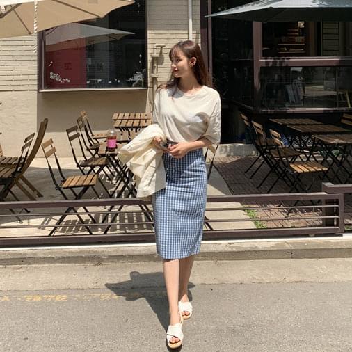 Linen melon check midi skirt