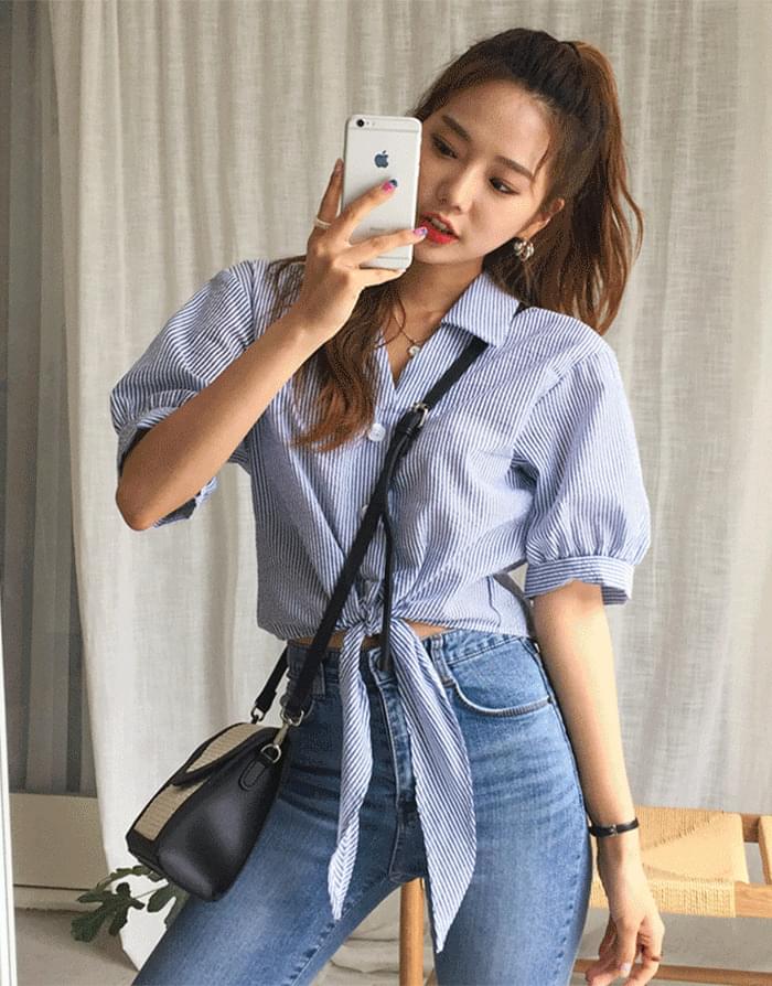 줄지리본블라우스
