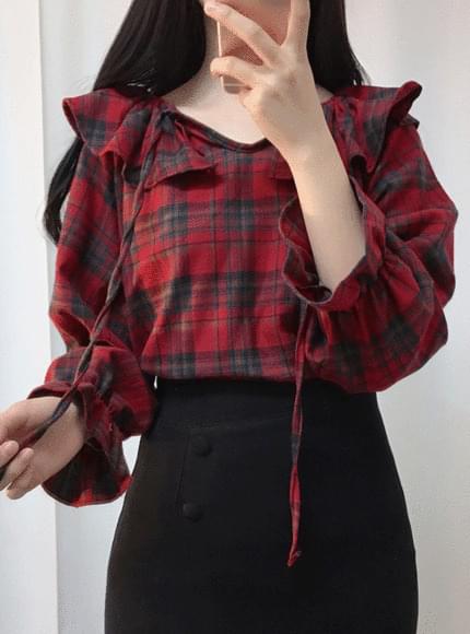 Check out ♥ Check shoulder ribbon blouse
