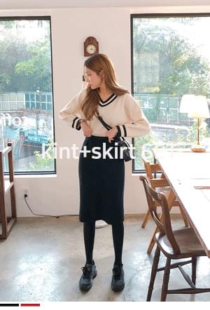 배색예쁜데일리 니트+스커트SET