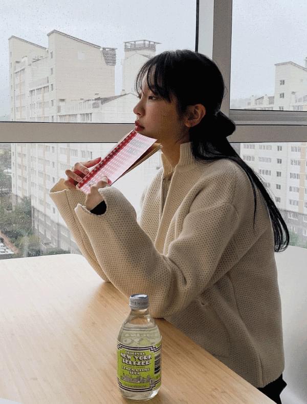 wool sleeve slit knit zip-up