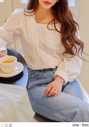 LACE SQUARE NECK COTTON BLOUSE
