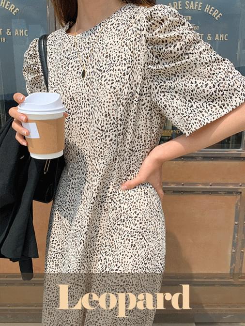Shirring leopard flare long dress ワンピース