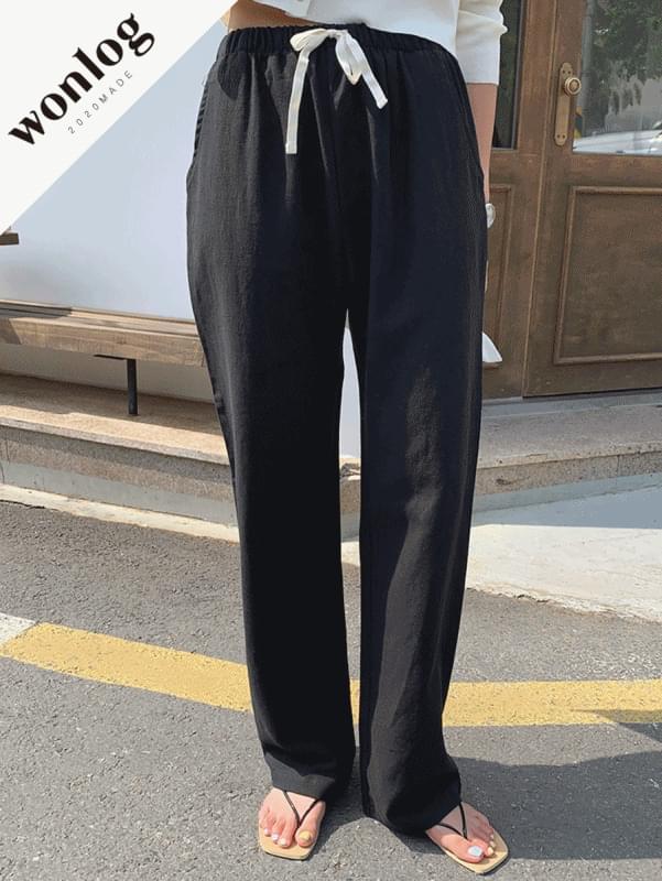 린넨 밴딩 팬츠 ; 블랙