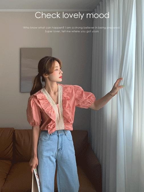 Letty Check Lace Ruffle Blouse