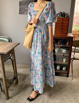 Flower smoke puff long dress