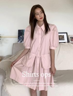 Big Pocket Puff Sleeve Shirt Dress