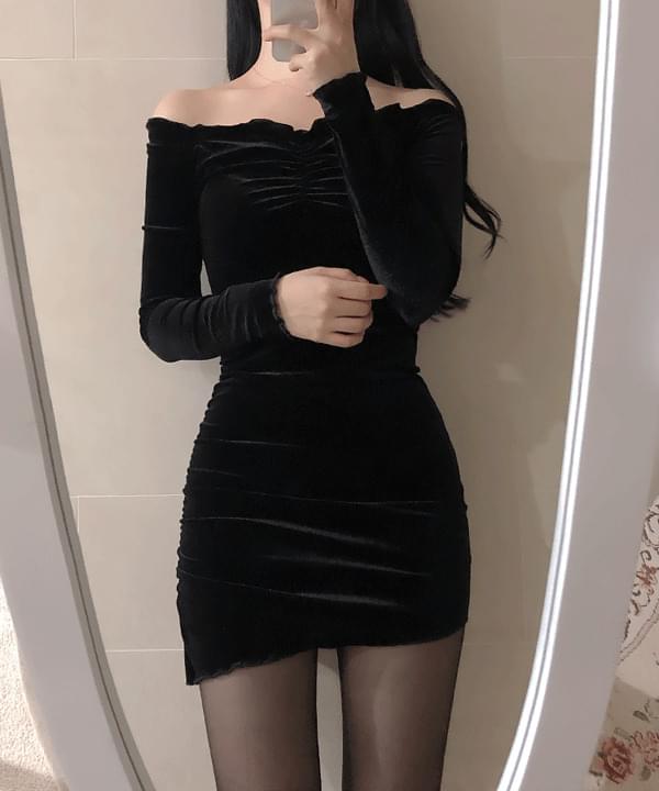 Shine Off Shoulder Shirring Mini Dress