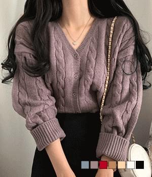 레오 케이블 브이넥 가디건 니트