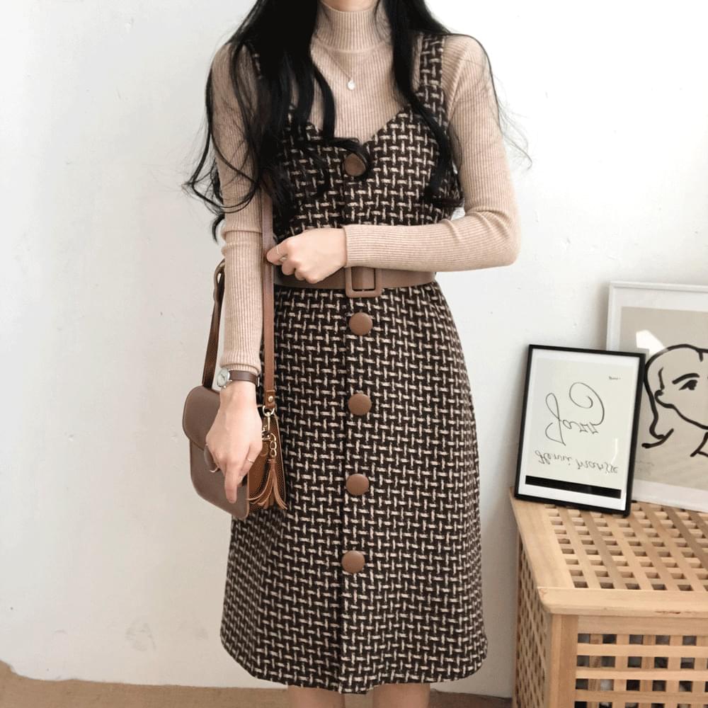 Stitch belted one-piece knit set