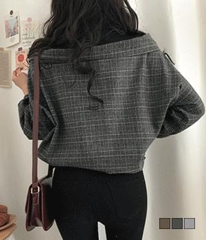 신디 반폴라 일체형 오프숄더 체크 블라우스