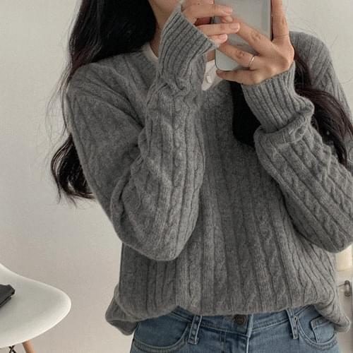 Cash Pine Wool Cable V Knitwear