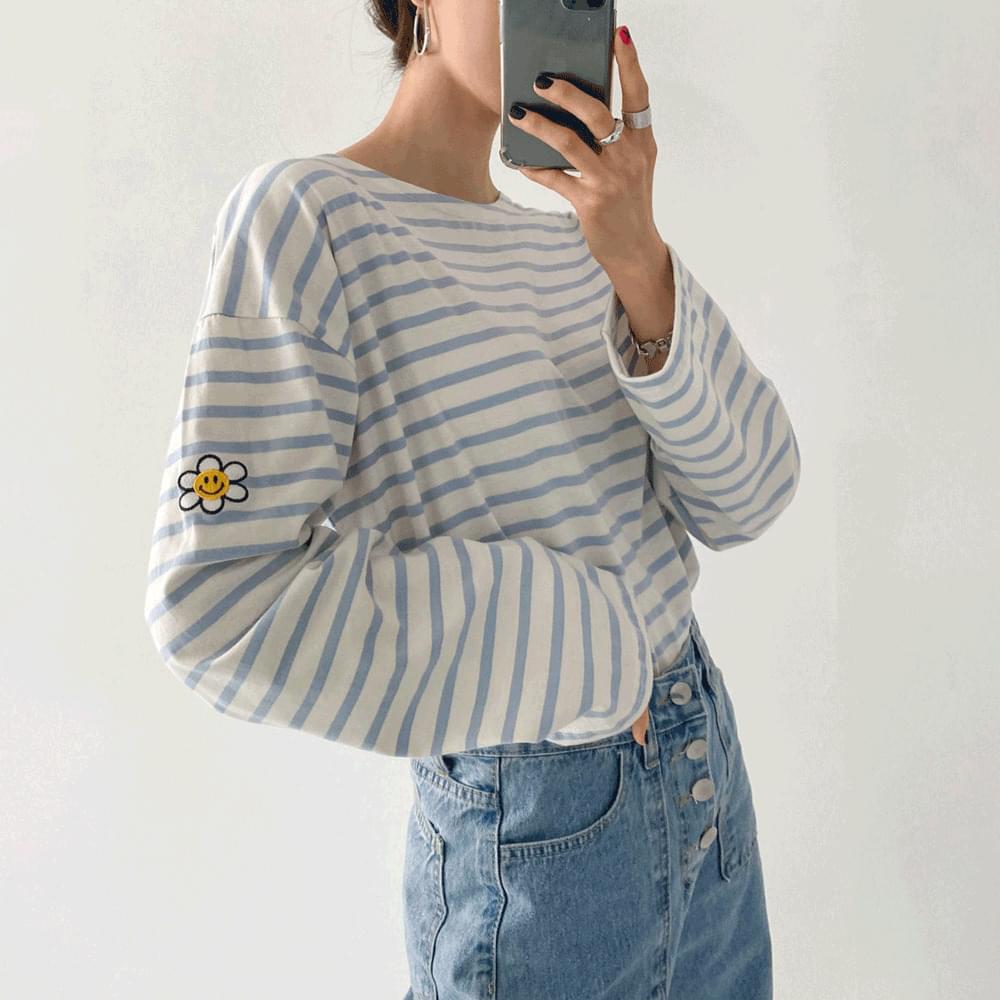 Flower-embroidered Striped T-shirt
