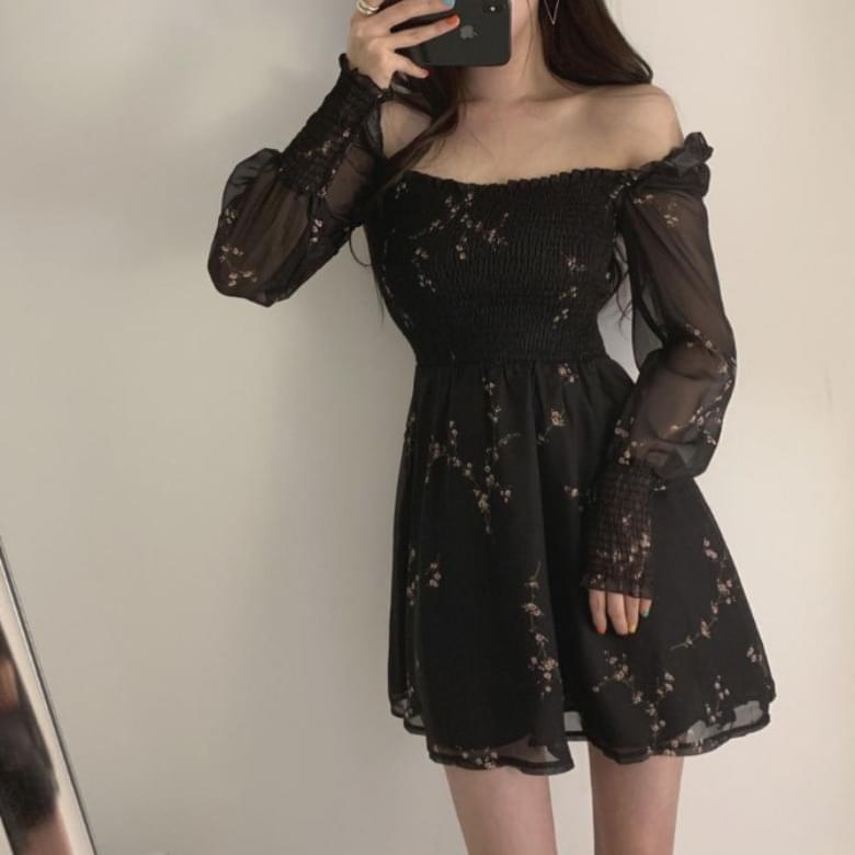 블랙 프릴 주름 쉬폰 원피스