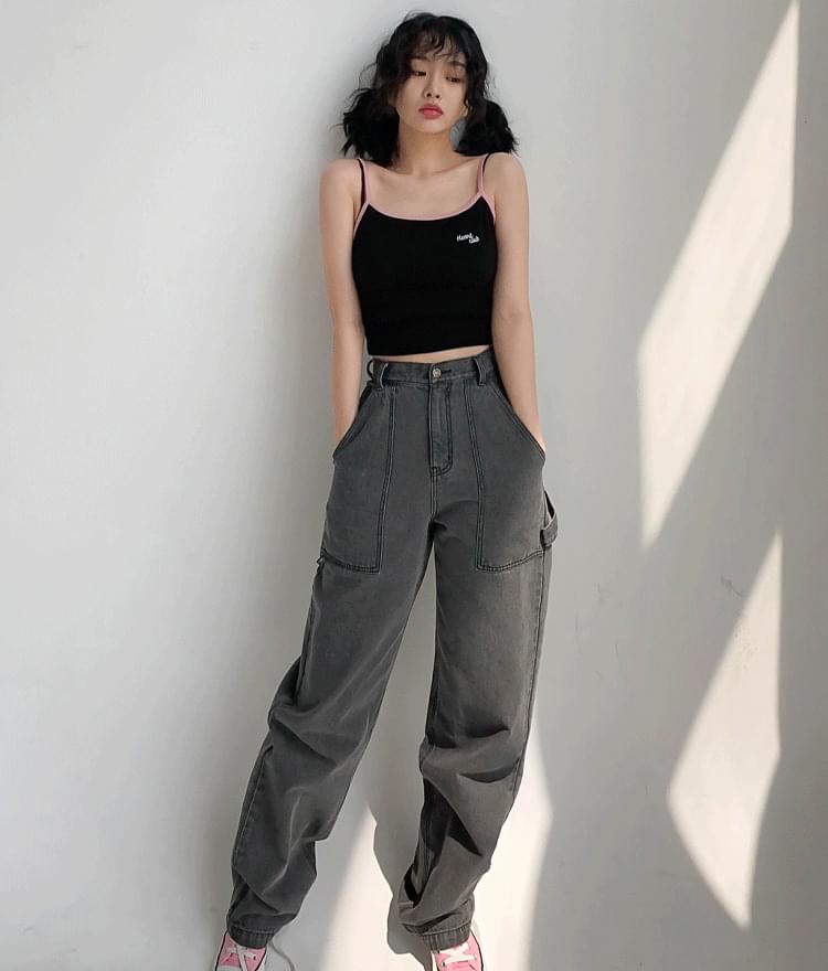 하트 셔링 슬리브리스 탑 (Black)하이드 아웃 포켓 데님 팬츠 (Grey)