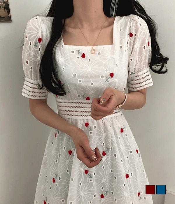 gifteabox Sherry Flower Punching Embroidery Square Neck Long Dress