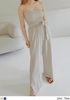 LINEN STRIPE TUBE TOP JUMPSUIT