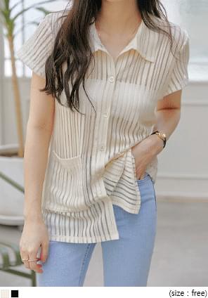 STRIPE SEETHROUGH COLLAR 1/2 BLOUSE