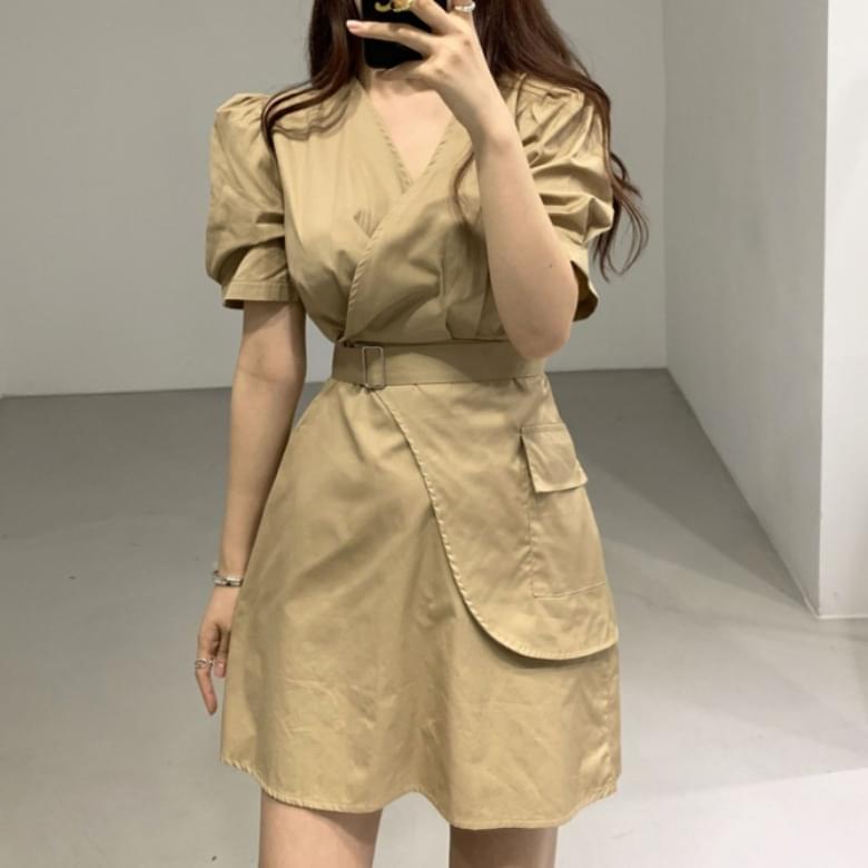 Vine V Neck Wrap Belt Puff Sleeve Dress