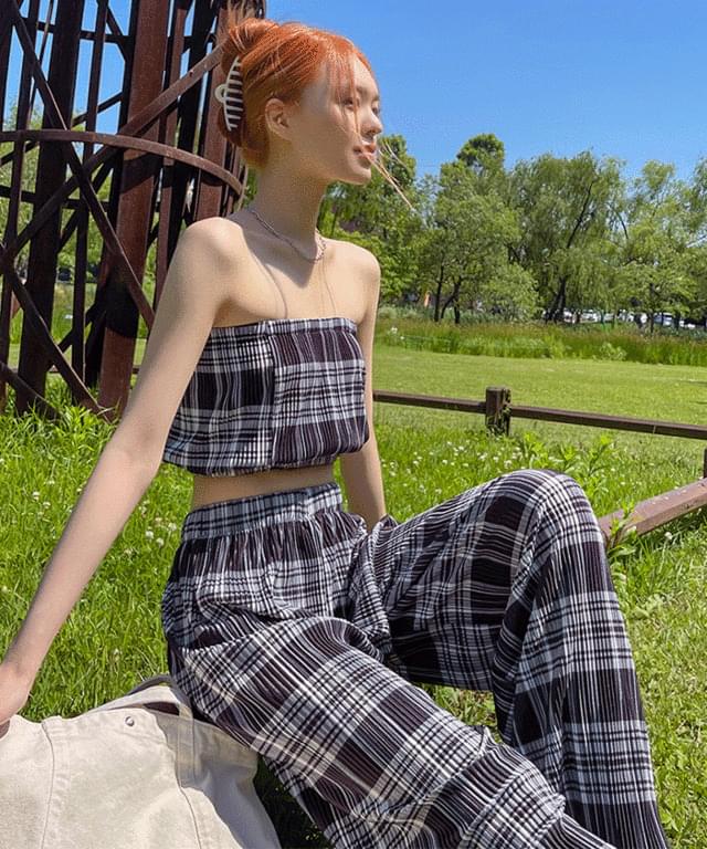 Haon Check Pleated Top Pants SET