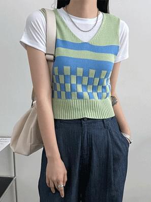 체커패턴크롭니트조끼