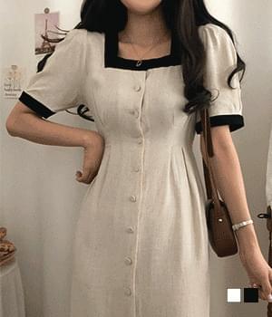 센트마임 배색 린넨 핀턱 롱 원피스