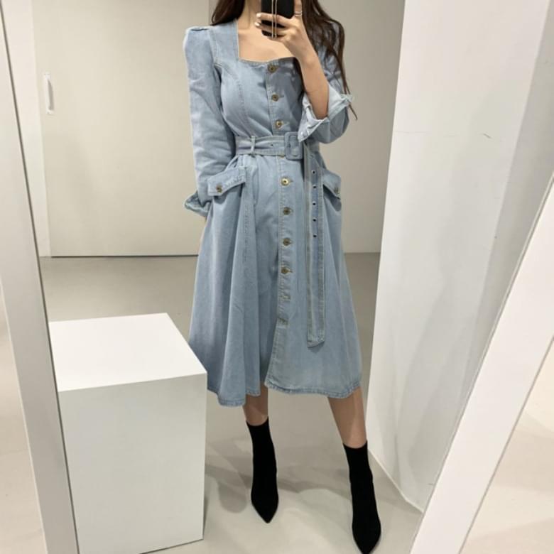 시크 데님 스퀘어 라인 벨트 원피스