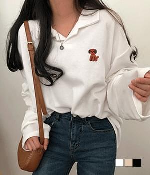 푸들 카라 자수 긴팔 티셔츠