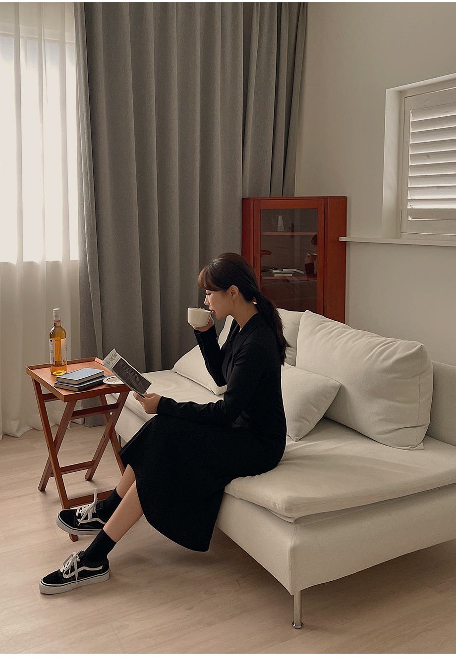 RIRINCO カラーネックカットオフ長袖ワンピース