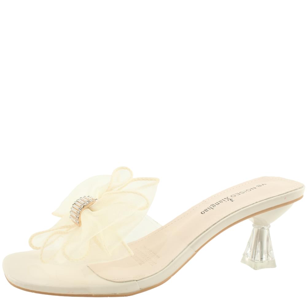Shirring Pearl Ribbon Transparent Middle Heel Mule Slippers Beige
