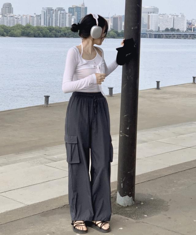 Rustic nylon two-way cargo long wide training pants