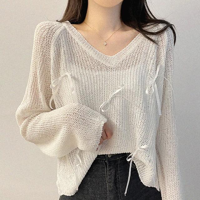 Ribbon Rosy Hachi Summer V-Neck Knitwear 5color