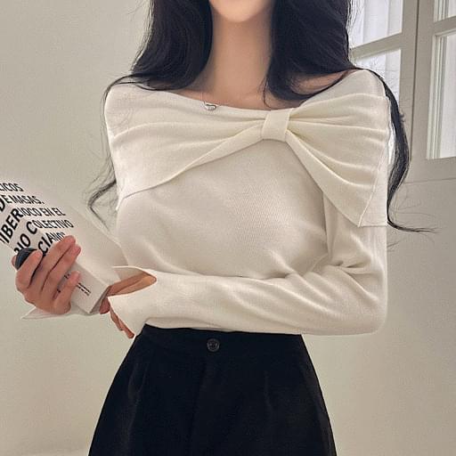 Ribbon square neck off-shoulder slit Knitwear 3 colors
