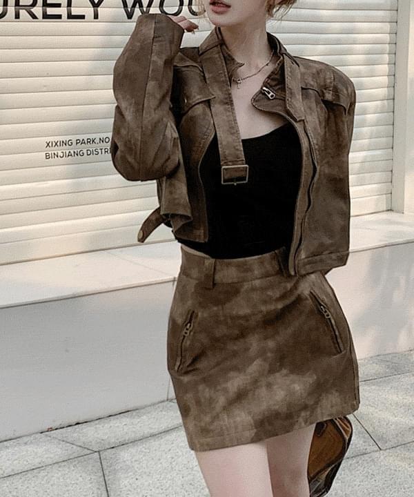 Dearlow List Vintage Faded Cropped Leather Jacket + Mini Skirt Setup