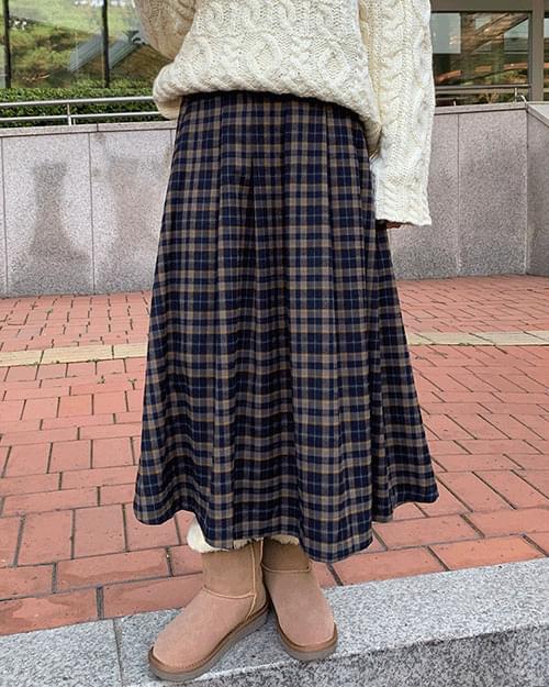 【BAON】Chekoi Banding Peach Fuzz Check Long Skirt peachglow - Check pleated banding long skirt - Codibook.
