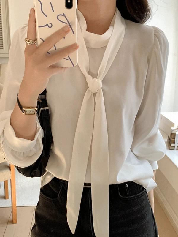 Ele guest look year-end look high neck tie ribbon blouse - 2 colors