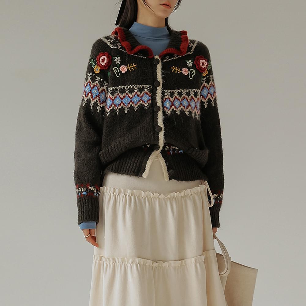 Beton Thick Wool Flower Nordic Knit Cardigan