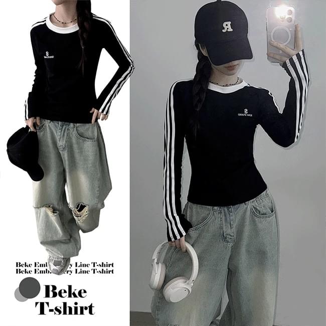 BIKE slim fit embroidery color Ribbed long sleeve tee