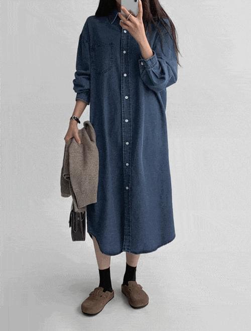 Pocket long denim shirt long Dress -2color