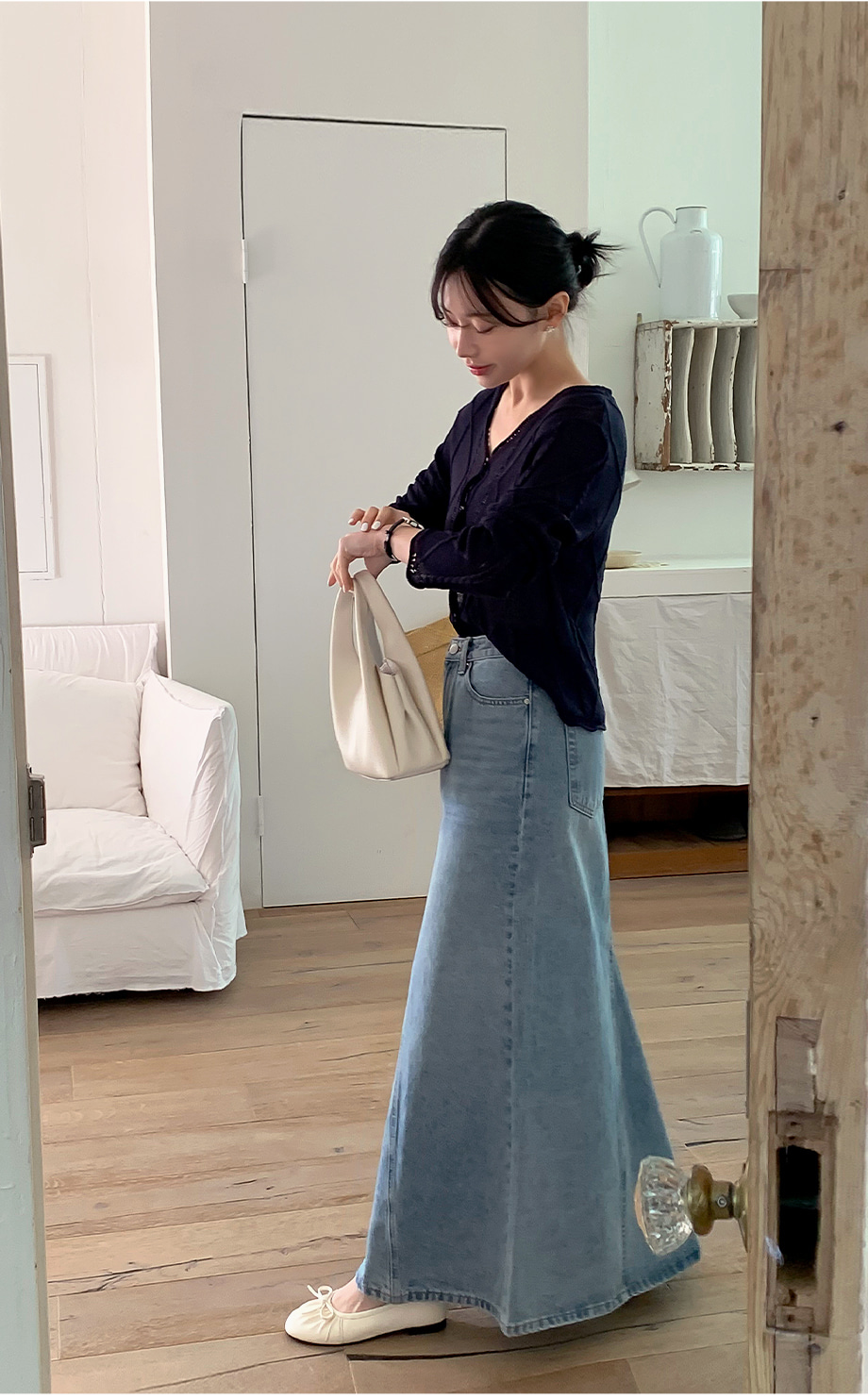 리리앤코 앨디어리 절개 데님 롱 스커트