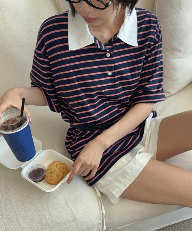 디밋 스트라이프 럭비 카라 티셔츠(공용)