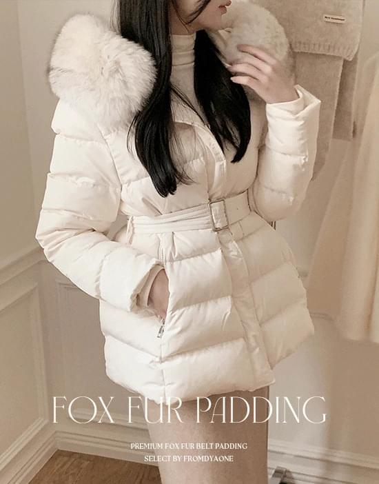 修身優質狐毛綁帶羽絨外套