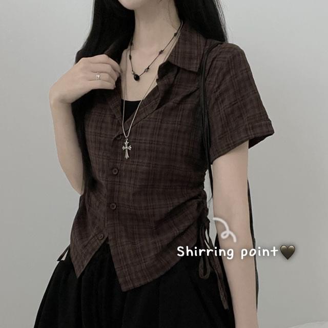 페코잔체크스트링세미크롭반팔셔츠남방(4color)
