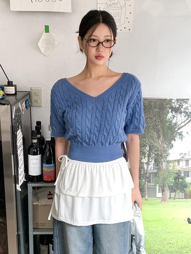 44-66 Yuseul V V-Neck Cable Semi-crop Short Sleeve Knitwear  短袖上衣