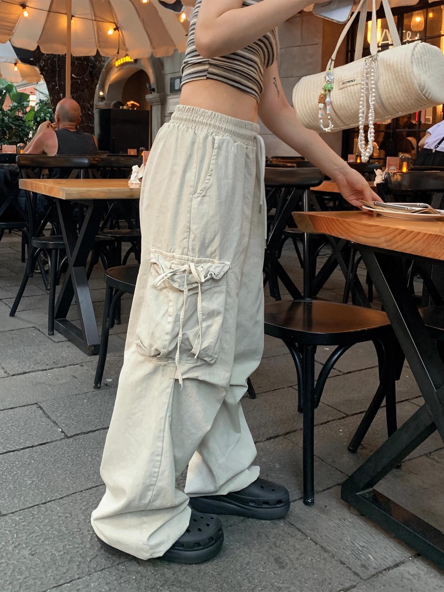 washed cargo ribbon wide pants 長褲