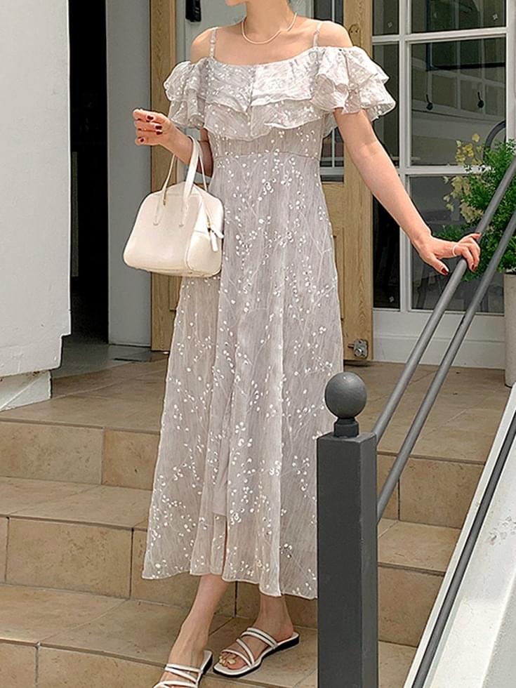 Blion ring flower chiffon frill banding off-shoulder long Dress 连身裙