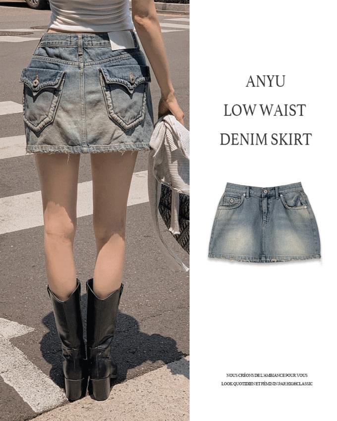 Anyu Premium Vintage Pocket Denim Slim Faded Button Mini Denim Skirt Low Waist Skirt 裙子
